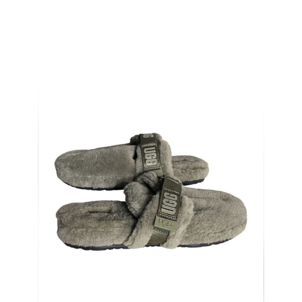 UGG Fluff It Slippers Shearling Lamb Fur Green Slip Ons Wool Mens Size 8 UNISEX